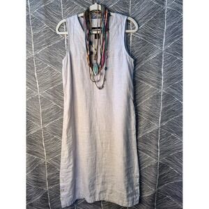 Tahari Womens 100% Linen V-Neck Sleeveless Midi Shift Dress Grey SzS